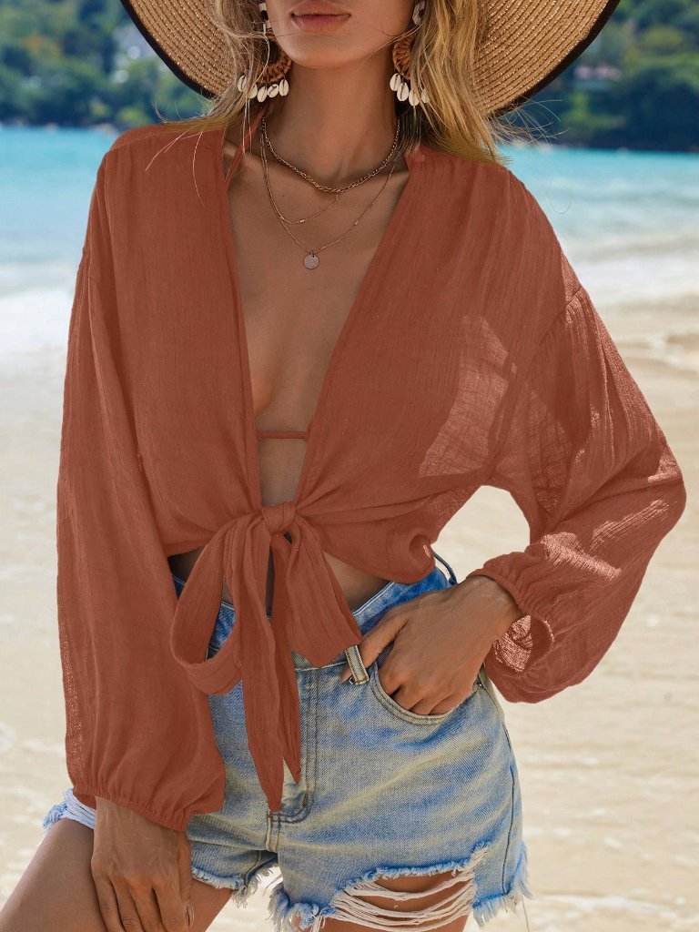 Rust Brown Women's Vacation Front Tie Lantern Sleeve Short Kimono Cover Up
